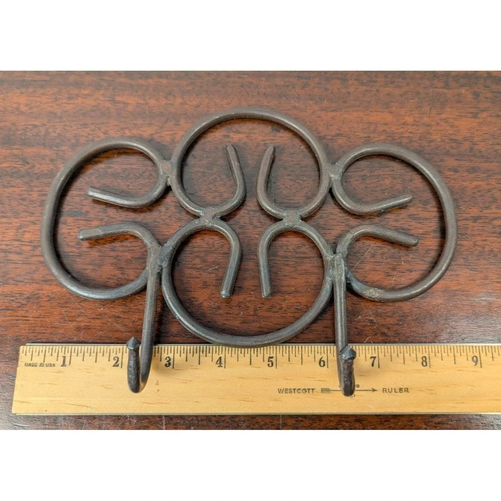 Vintage Hand Forged Wrought Iron Scrollwork Wall Rack 2 Hooks Rustic 8in
